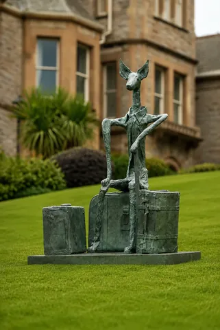 Traveller von Christopher Stone: Bronzeskulptur eines Podenco in Hemd und Jackett, der mit einem Stock auf einem Koffer sitzt, zwei weitere Koffer neben ihm, grüne Verdigris-Patina, auf einem Rasen vor einem Steinhaus